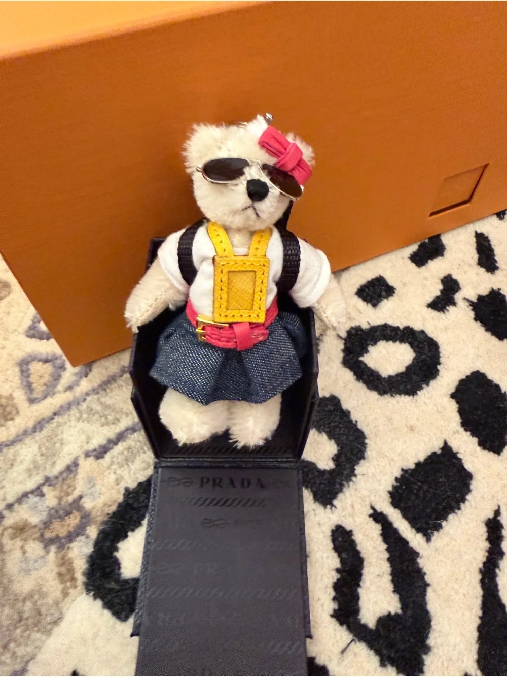 Prada Triangle Plate Bear Backpack with sunglasses Acrylic Ivory White Keychain